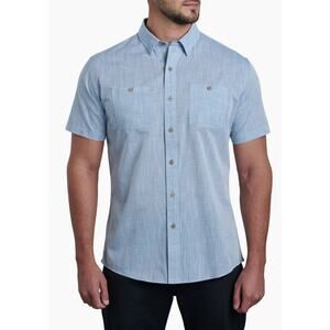 Kuhl Mens Karib L Short Sleeve Button Up Blue Plaid Outdoor Hiking Travel Shirt
